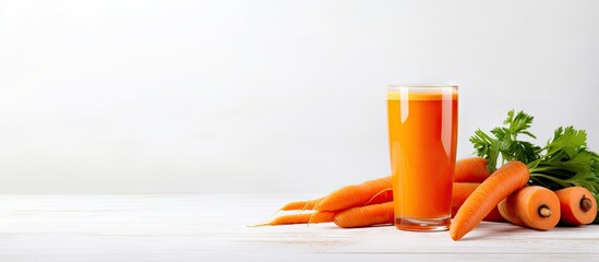 Poster - A copy space image featuring a refreshing glass of homemade carrot juice placed on a pristine white table perfect for adding text