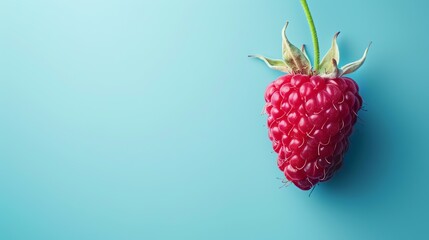 A close-up image of a fresh, ripe raspberry against a blue background. The raspberry is perfectly ripe and has a vibrant red color.