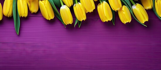 Poster - A beautiful yellow bouquet of tulips arranged against a vibrant purple wooden backdrop creating a stunning eye catching copy space image