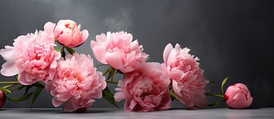 Poster - Pink peony bouquets beautifully lit on a dark gray backdrop creating a captivating copy space image