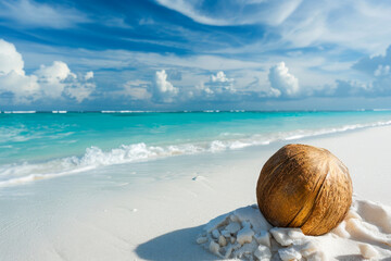 Wall Mural - Coconuts rest on a pile of soft white sand on the beach