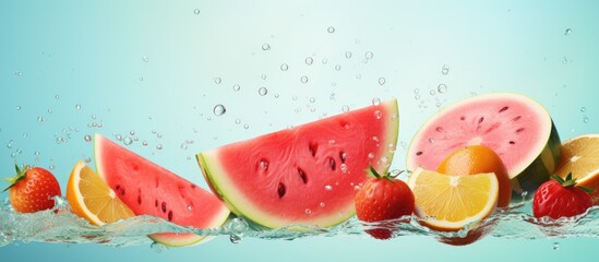 Poster - A watermelon slice is seen falling onto a pastel background surrounded by floating fruits The red fruits appear to be flying in the air creating a vibrant summer backdrop with trendy colors A copy sp