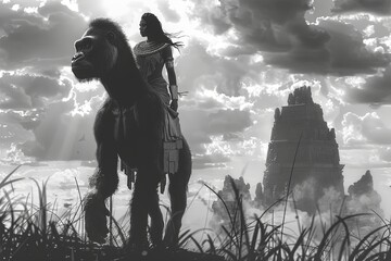 Wall Mural - Egyptian queen riding a gorilla illustration