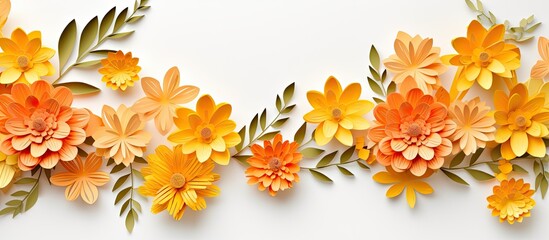 Poster - Isolated on a white background a corner of the flat lay features a frame decoration made of yellow and orange paper craft flowers The frame is a mockup with copy space available for your text