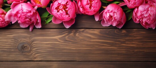 Aufkleber - A picturesque copy space image with vibrant pink peony flowers beautifully arranged on a rustic wooden background creating the perfect Mother s Day vibe The flat lay gives a flawless top view of this