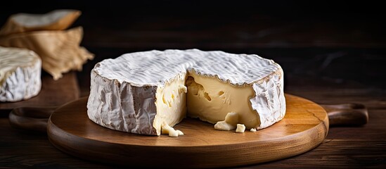 Poster - Copy space image of Camembert cheese displayed on a rustic wooden cutting board
