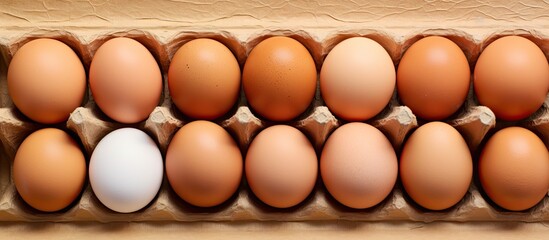 Aufkleber - A top down view of farm eggs arranged in a cardboard tray with ample copy space in the image