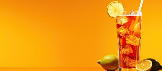 Poster - A refreshing summer cocktail featuring an iced tea garnished with lime and served on a vibrant orange backdrop Ample copy space provided