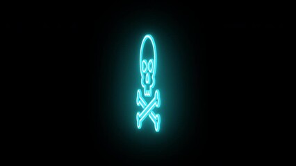 Poster - Neon jolly roger sign animation, rotation around vertical axis. Glowing neon 3D skull crossbones icon, looped spin. Pirate skull emoji, corsair cranium, danger, death warning, skeleton. Azure, violet