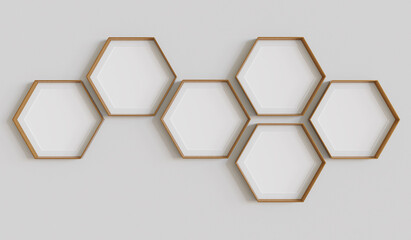 Aufkleber - Copper hexagon blank photo frames mockup hanging on interior wall. Hexagonal pictures on painted surface. 3D rendering