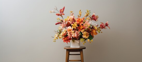 Poster - A stunning bouquet of flowers placed on a white stool creating a visually pleasing copy space image
