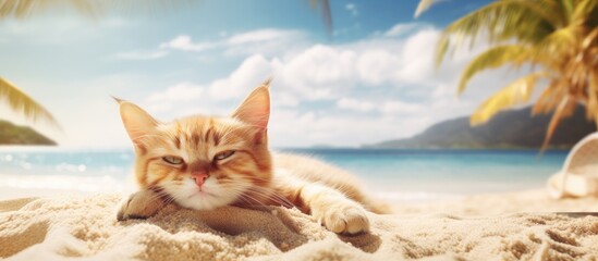 Aufkleber - A cat peacefully lounges on the sandy beach creating a serene backdrop for the summer vacation and travel theme with ample copy space