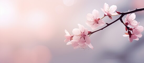 Poster - A stunning pink sakura flower representing the arrival of spring set against a natural backdrop with empty space for text or images. with copy space image. Place for adding text or design