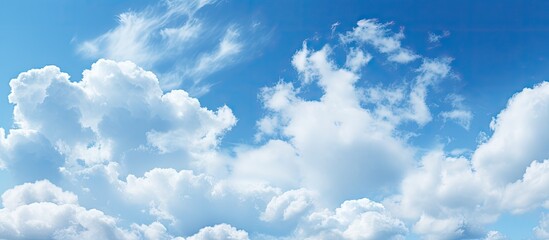 Poster - The serene light blue sky is adorned with fluffy clouds creating a picturesque natural backdrop There is ample copy space in the image