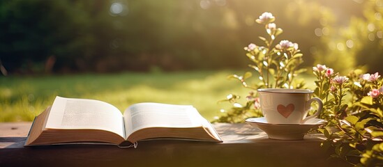 Poster - Vintage retro filtered image of a heart shaped book page surrounded by a beautiful garden background featuring a cup of coffee alongside it Perfect for copy space