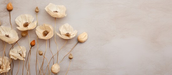 Aufkleber - An overhead shot of dry poppy heads resting on a marble background with ample copy space
