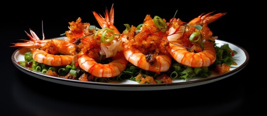Aufkleber - Copy space image of a plate adorned with succulent and vibrant shrimp set against a subtle grey backdrop