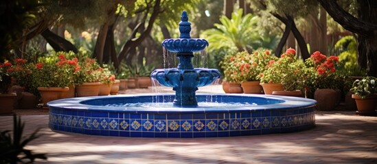 Poster - A blue tiled fountain sits in a serene Spanish garden providing a picturesque copy space image