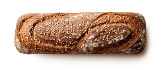 Poster - A top view image of a rye dark bread loaf with grain and sunflower seeds isolated on a white background featuring copy space