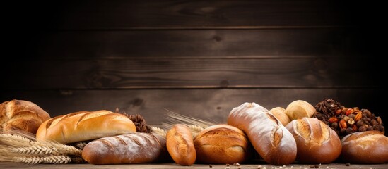 Poster - Wooden background with various types of bread and ample copy space image