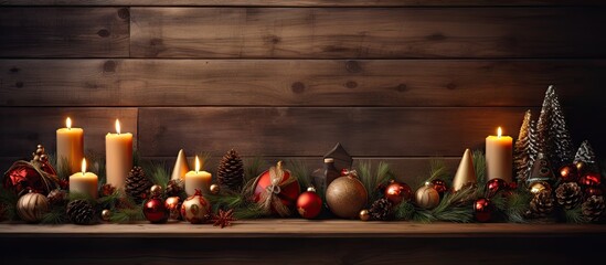 Poster - A fireplace creates a warm backdrop for a wooden table adorned with Christmas ornaments The image leaves ample room for text or other elements