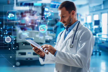 Wall Mural - portrait of doctor working on a digital tablet with a hospital background, illustrating the fusion of medical expertise and technological innovation. The medical profession's commi