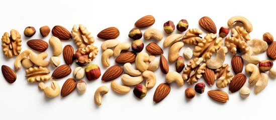 Aufkleber - A top down view of mixed nuts placed on a plain white background with ample copy space for additional content