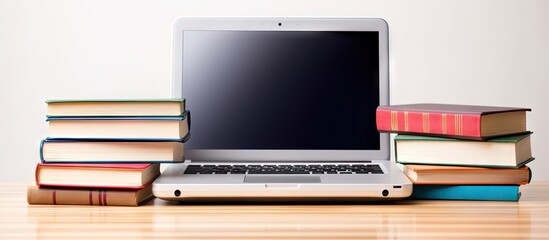 Aufkleber - A laptop and a stack of books isolated on a white background create an educational concept with copy space for additional content