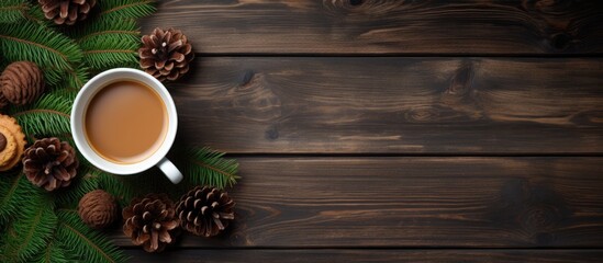Poster - A Christmas themed composition featuring spruce branches pinecones a cup of coffee with cookies on a wooden background Great for festive greetings or cards Includes copy space viewed from above