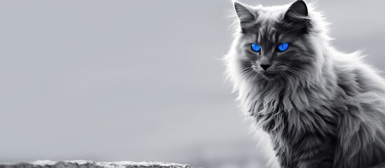 Poster - Black and white fluffy cat with blue eyes on a street background with copy space image