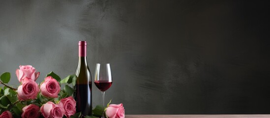 Aufkleber - A copy space image of red wine and pink roses arranged on a countertop