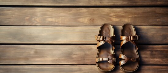 Aufkleber - A copy space image featuring sandals resting on a rustic wooden floor