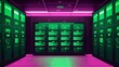 © Thaniya - Modern server room with green and pink lighting, showcasing rows of servers. Illustration combines vibrant colors with high-tech theme, emphasizing data management and advanced technology.