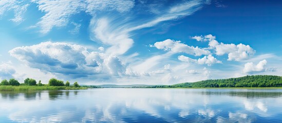 Poster - The river beneath showcases a picturesque panorama of a radiant blue sky adorned with stunning clouds leaving ample copy space for an image