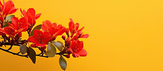 Poster - Autumn leaves of a red azalea contrasting with a vibrant yellow backdrop creating a stunning copy space image