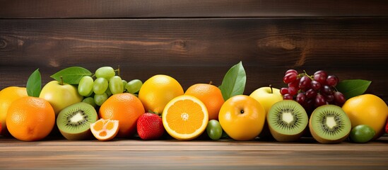 Aufkleber - A copy space image featuring a delicious assortment of fruits including oranges kiwis apples and limes arranged on a wooden table Promoting the concept of healthy eating