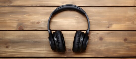 Aufkleber - There is a top view of wireless Black headphones placed on a wooden table with a background that has copy space for images or text