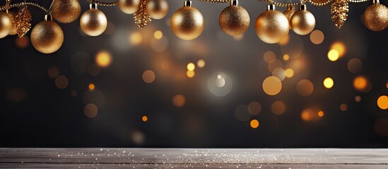 Poster - Dark background with bokeh lights and copy space Golden Christmas decorations featuring shining garlands small shiny metal bells and hanging illumination A perfect New Year celebration backdrop