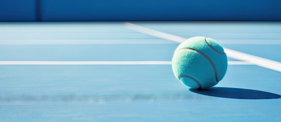 Poster - A copy space image of a blue paddle tennis court with a ball positioned on the lines captured in a close up view