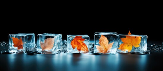 Poster - Leaves are trapped inside ice cubes in this copy space image