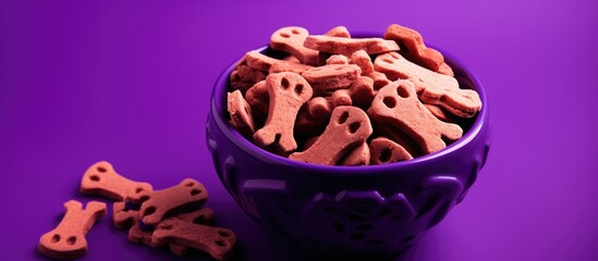 Aufkleber - Top view of a red bowl filled with bone shaped dog cookies placed on a vibrant purple background There is ample copy space available for text
