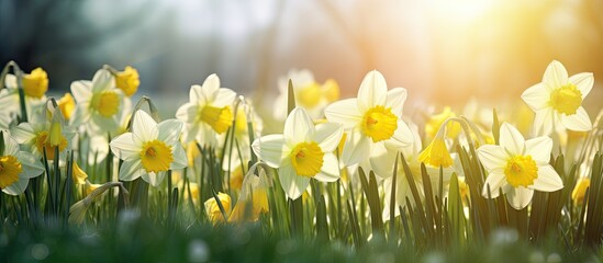 Poster - In springtime a picturesque meadow is adorned with vibrant daffodil flowers creating a captivating copy space image
