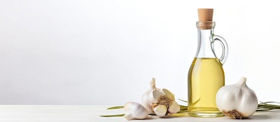 Aufkleber - A copy space image featuring a garlic oil bottle arranged on a pristine white background
