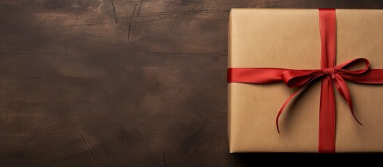 Aufkleber - A New Year s gift with a vibrant red ribbon neatly wrapped in rustic craft brown paper creating a visually pleasing copy space image