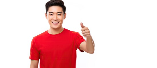 Poster - Handsome Asian man in a red t shirt pointing to a tote bag with a happy smile on a white background Shopping and delivery copy space image