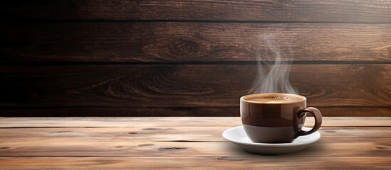 Poster - A cup of coffee sitting on a wooden surface with plenty of copy space for an image