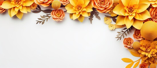 Poster - Isolated on a white background a corner of the flat lay features a frame decoration made of yellow and orange paper craft flowers The frame is a mockup with copy space available for your text