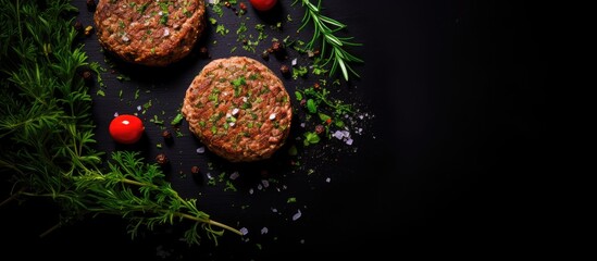 Leinwandbilder - Herb infused hamburger patties Viewed from the top on a dark background there is copy space available in the image