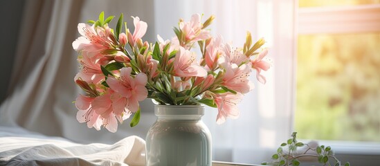 Aufkleber - Alstroemeria flowers and decor adorn a vase on a bedside table in a bedroom. with copy space image. Place for adding text or design