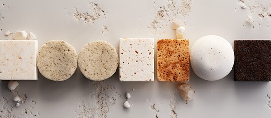 Poster - A copy space image showcasing bath sponges and pumice stones arranged on a sleek marble surface as viewed from above
